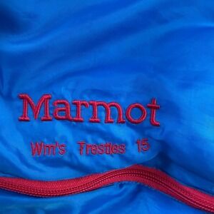 MARMOT Womens Trestles 15 Mummy Sleeping Bag Synthetic Sz L Blue Red Stuff Sack